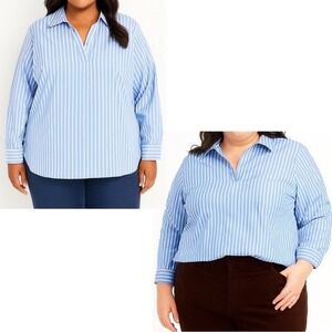 TALBOTS Striped Poplin Popover‎ Size X Petite Collared Pullover Preppy Relaxed